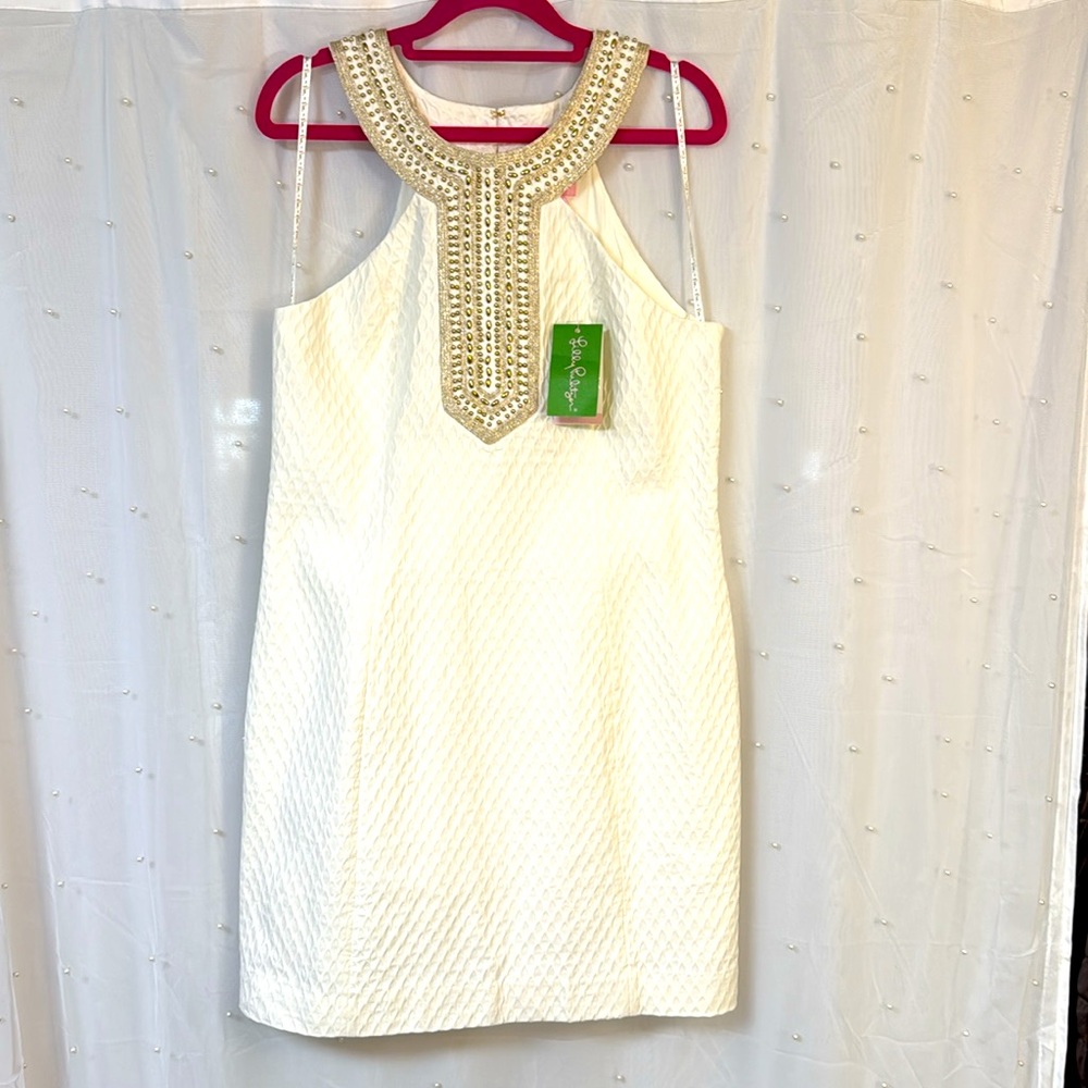 Lilly Pulitzer NWT Size 6 Elegant White Halter Dress with Gold Accents (0504) - Picture 7 of 9